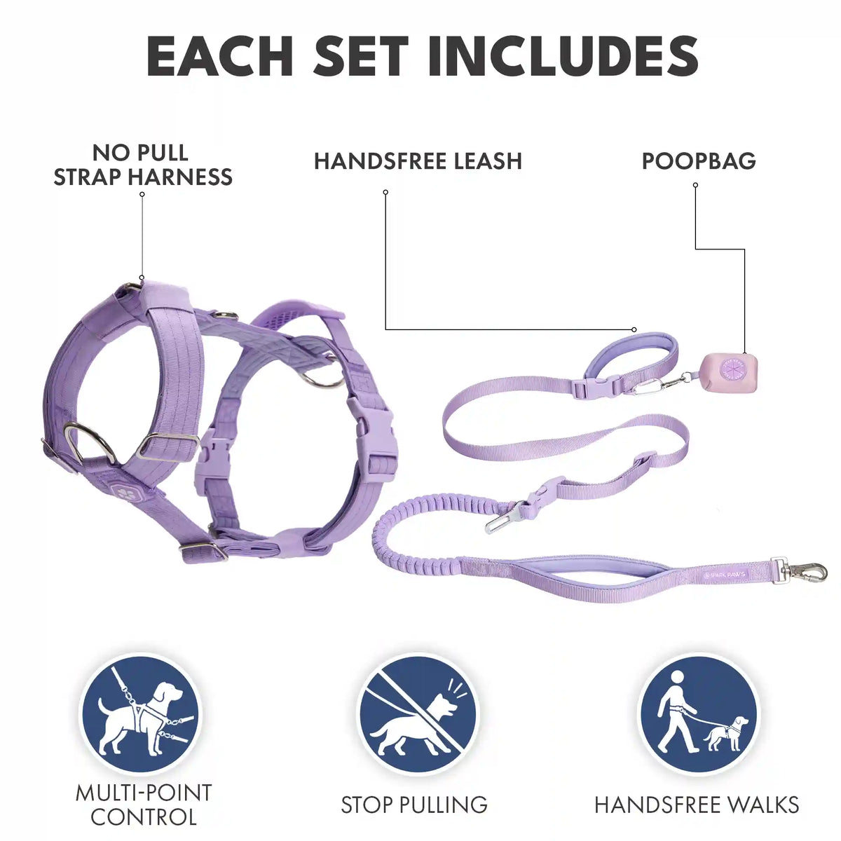 Comfort Control No-Pull Dog Harness and Multipurpose Leash Set - Purple